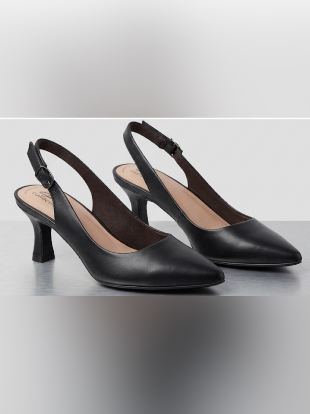 Clarks Black Leather Slingback Kitten Heel Pumps